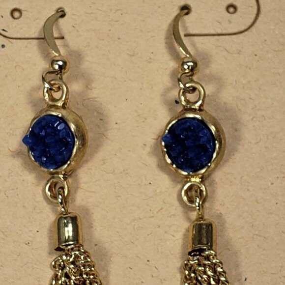 NWT Gold-tone Fringe chain Blue Drop Dangle Earrings - Picture 8 of 8